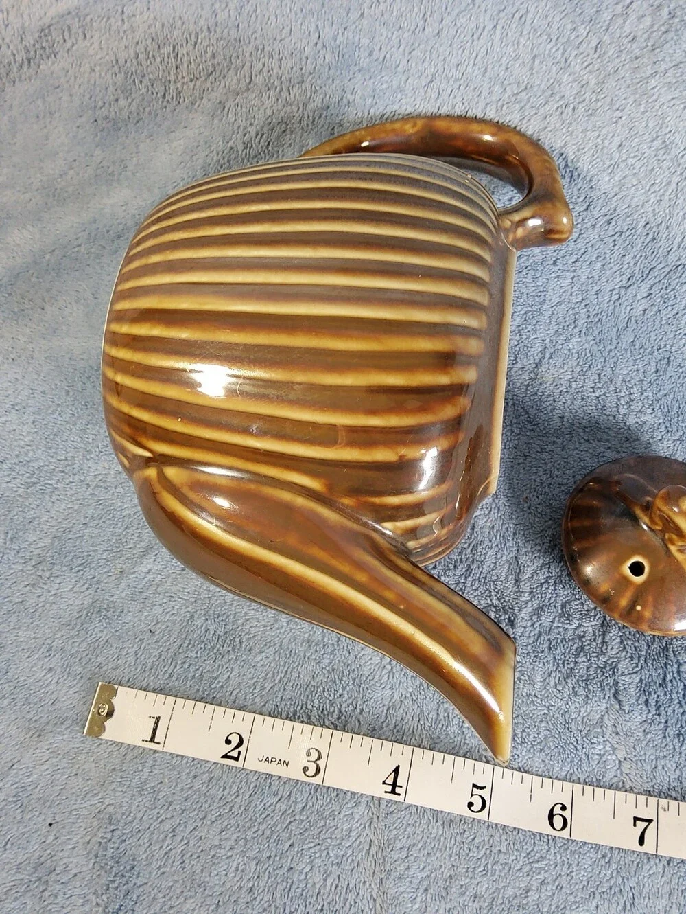 Antique Fraunfelter China Teapot Caramel Brown Ribbed Pottery Ohio USA w/ Lid